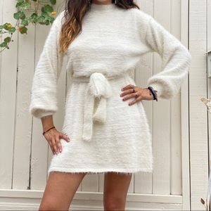 White fuzzy Paris and Me sweater dress